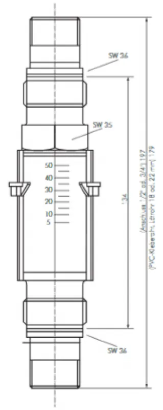 Zeichnung Viskositätskompensierter Durchflussmesser aus Aluminium mit Skala und Gewindeanschlüssen